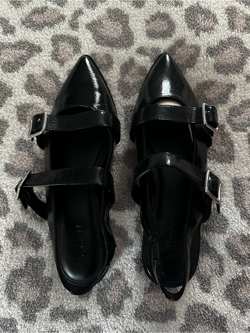 Black Patent Pointed Double-Strap Mary Jane Flats